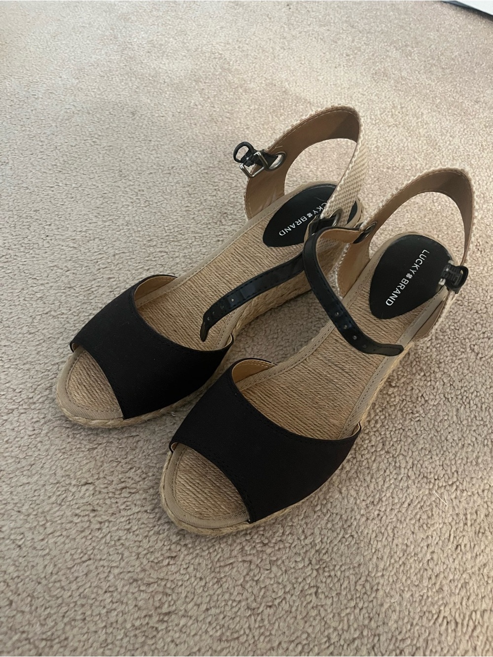 Lucky Brand Black and Tan Espadrille Wedge Sandals